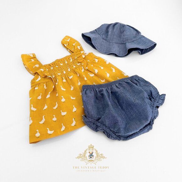 NWT Pretty Girls 3 Piece Matching Set Blouse Bubble & Sun Hat Little Goose 12M - Picture 2 of 2